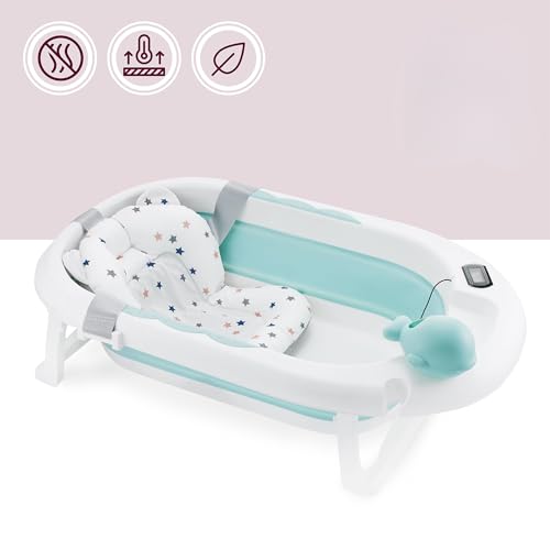 Faltbare Babybadewanne von Moby-System mit Einsatz, LCD-Thermometer und Rahmen – sicherer Halt ab Geburt, ergonomisch