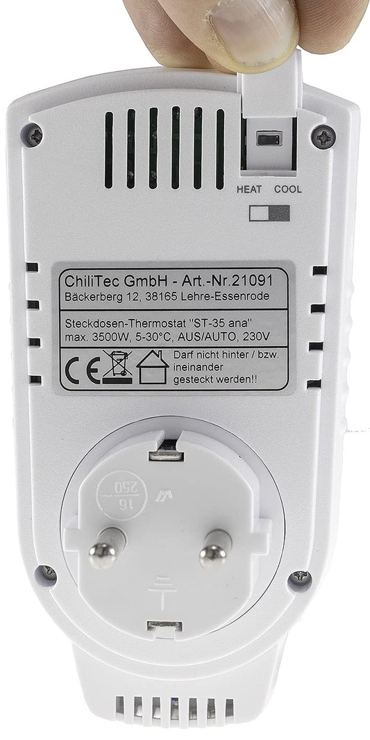 Steckdosenthermostat, max. 3500 W, Ein/Aus/Auto, 230 V für Heiz- und Kühlgeräte