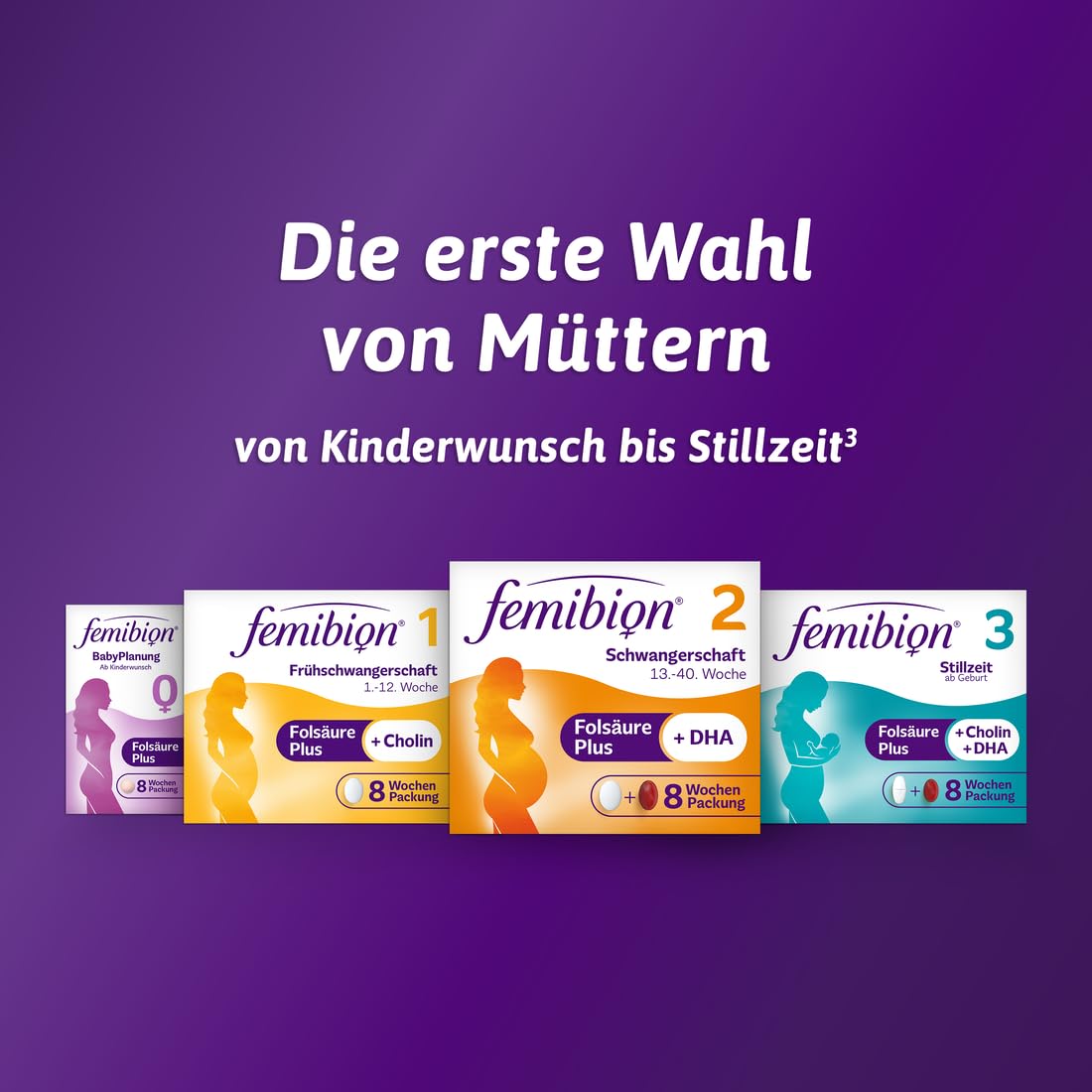 Femibion 2 Schwangerschaft, tägliches Nahrungsergänzungsmittel für SSW 13-40, mit Folsäure Plus (*3), Cholin, DHA, 4-Wochen-Packung, 2 x 28 Stück