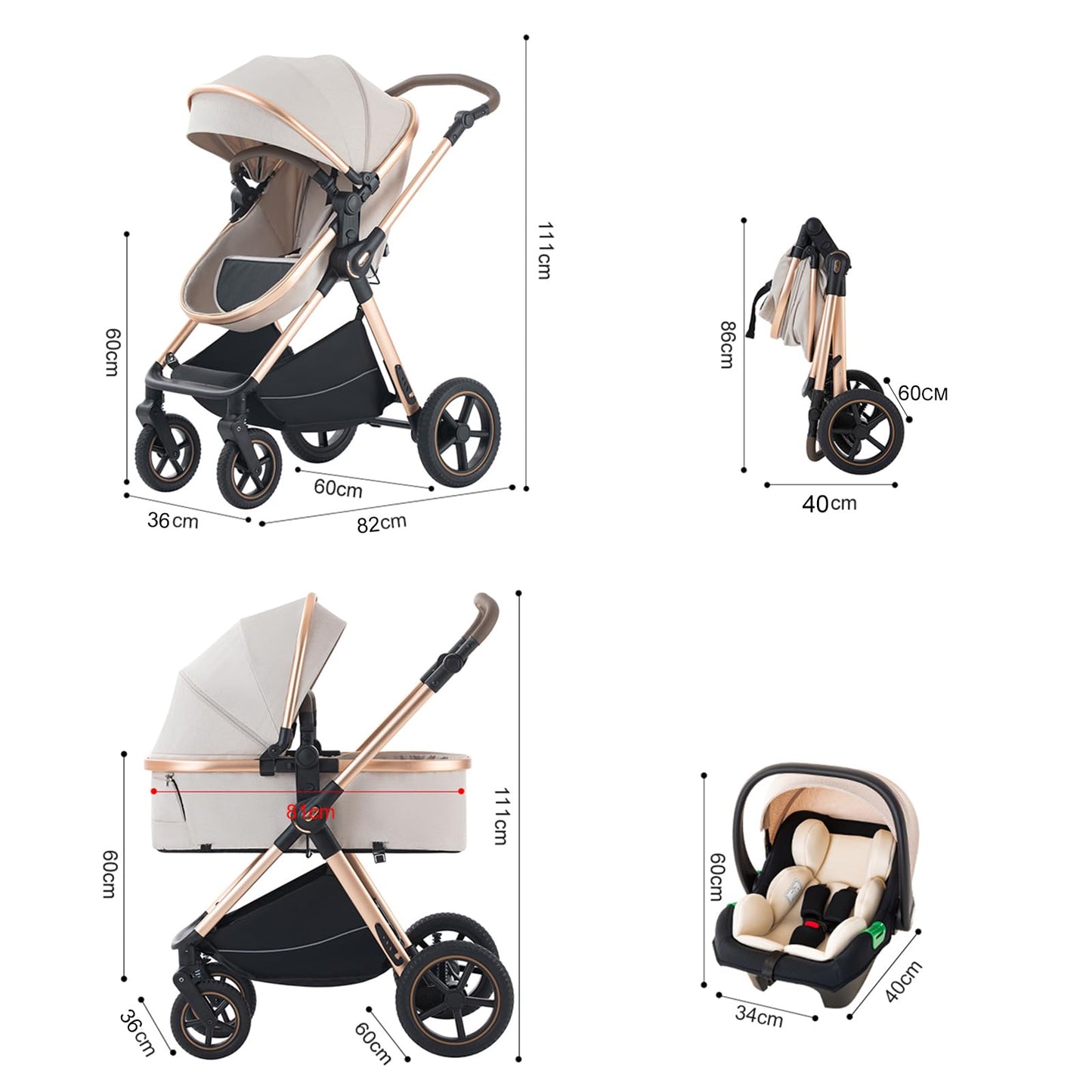 Shineey 3-in-1 Kinderwagen, Buggy, faltbarer Kinderwagen-Satz, Kombi-Kinderwagen 3-in-1 mit großer, komfortabler Babywanne, Gestell aus Aluminiumlegierung