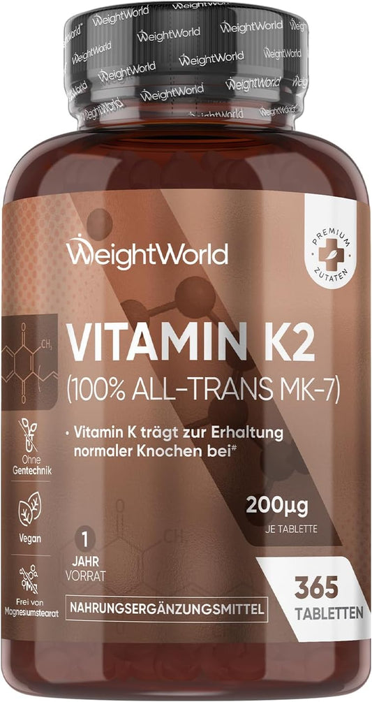Vitamin K2 MK7-365 Vegane Tabletten – 200 µg pro Dosis – 100 % All-trans-Menachinon – Jahresvorrat