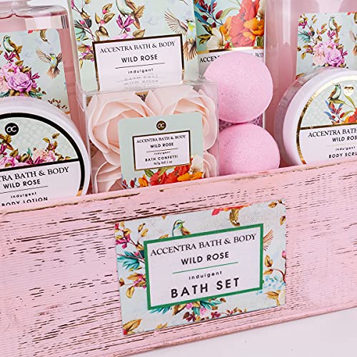 Accentra – Duschset Frauen Geschenkset im Holzkorb – 8-teiliges Pflegeset mit Duschgel, Bodylotion, Badezusätzen, Peeling & Handcreme