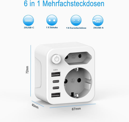 Aipsdo Doppelstecker für USB Steckdose, Mehrfachsteckdose mit 4 USB Stromstecker, USB C Adapter, Steckdosenadapter, 2-fach Stecker mit USB, Mehrfachstecker für Steckdose, USB Mehrfachstecker