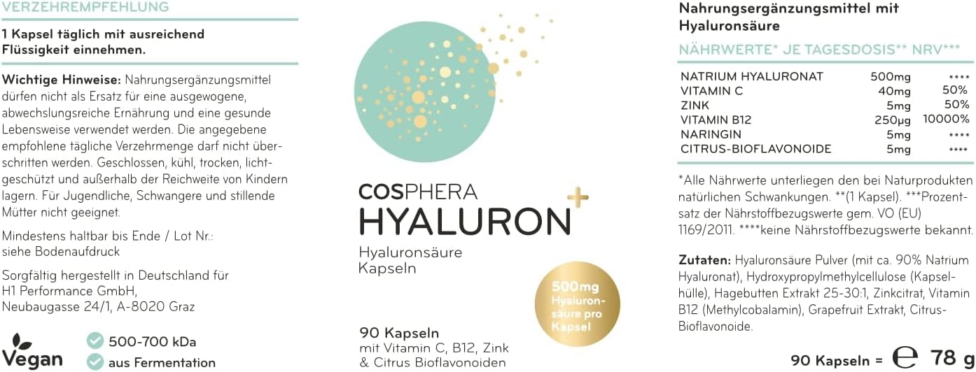 Hyaluronsäure Kapseln hochdosiert mit 500 mg pro Kapsel - 90 vegane mit Zink als Beitrag zum Erhalt normaler Haut und Knochen.