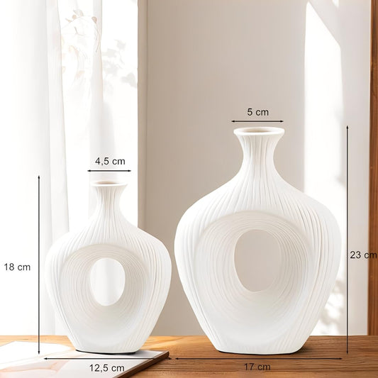 Keramik Vase Weiß Matt Rund Deko Vasen Set 2er Moderne Boho Blumenvase für Tulpen Pampasgras