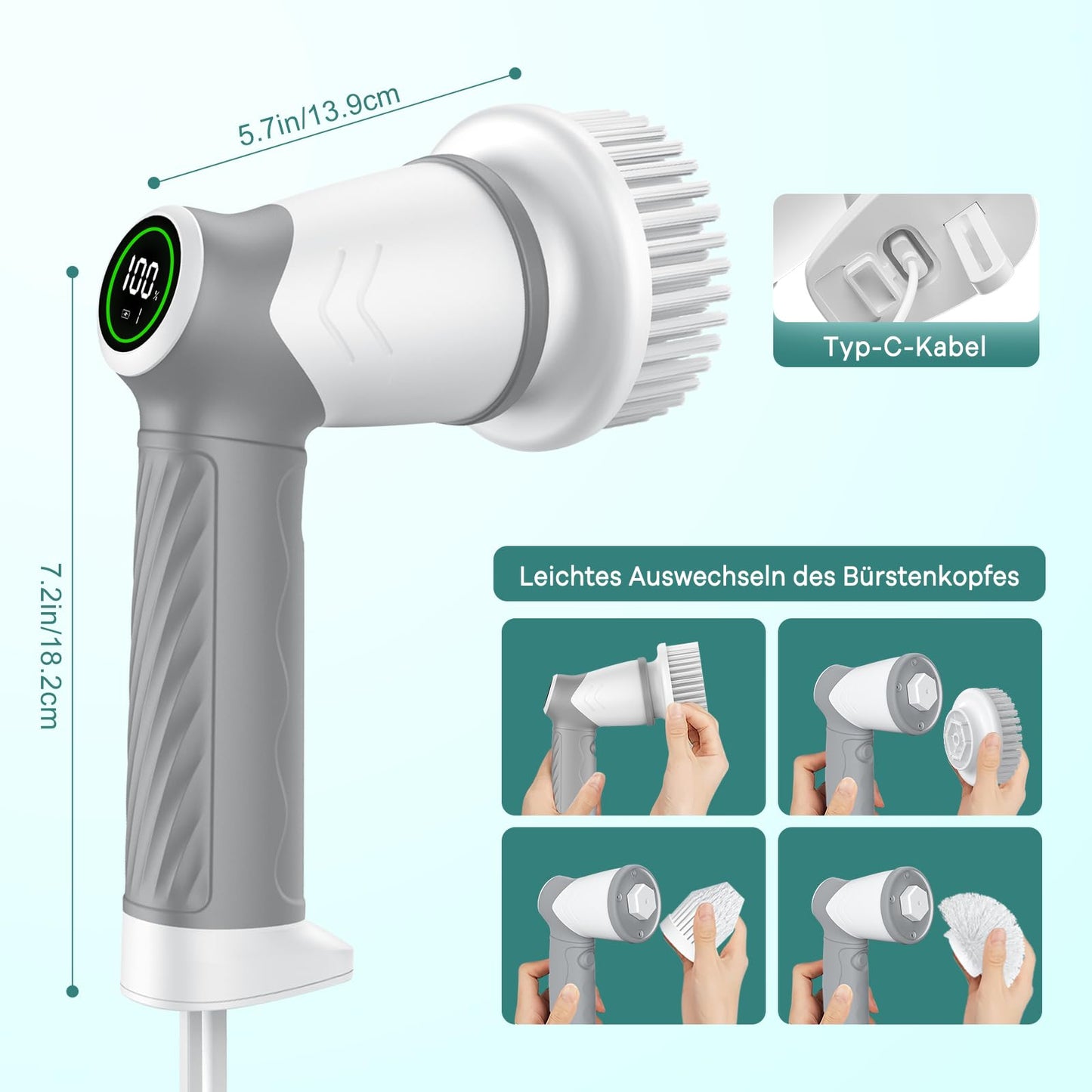 Elektrische Reinigungsbürste, Kabellos Power Spin Scrubber mit 7 Bürstenköpfen, 2-Gang-Integrierte Übertragung, Reinigungsbürste für Fliesen, Duschen, Glas, Bad