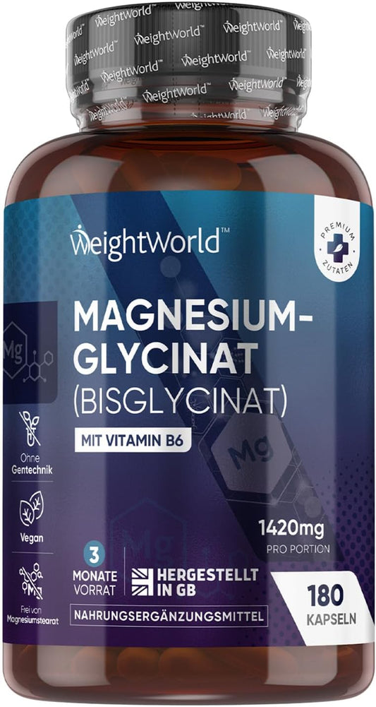 Magnesium Bisglycinat Kapseln - 1420 mg Magnesiumbisglycinat mit Vitamin B6-200 mg Elemente Magnesium - Glycinat Form - 180 vegane Kapseln - 3 Monate Vorrat - Alternative zu Pulver
