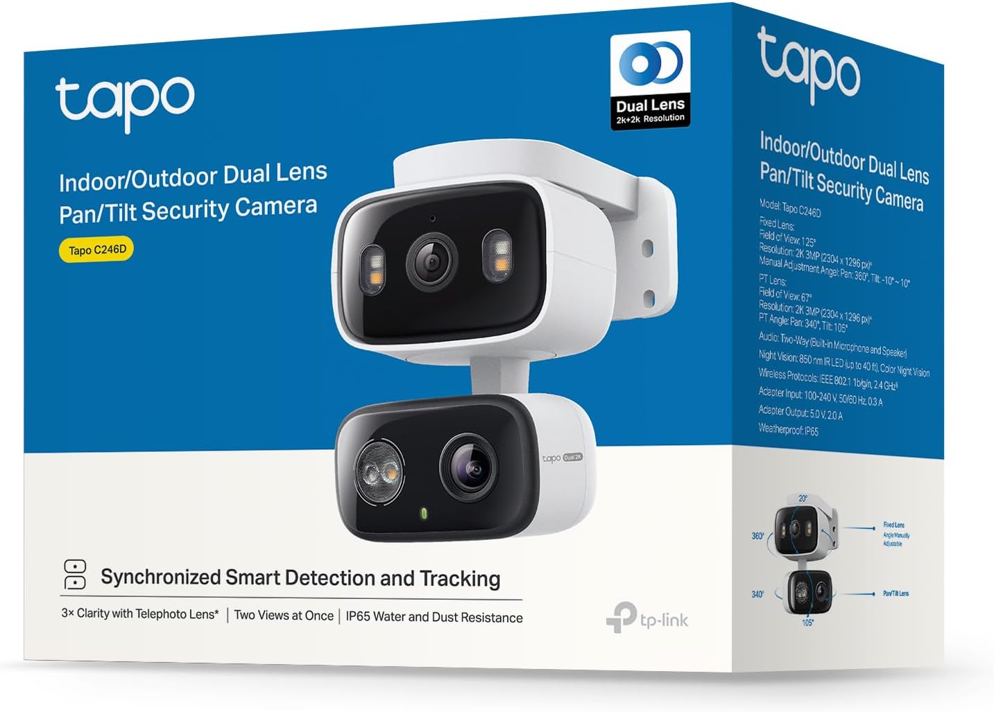 WLAN-Überwachungskamera für den Außenbereich mit 2K-Dualobjektiv, 125°-Weitwinkel und 6-mm-Teleobjektiv, intelligenter Verfolgung, kostenloser KI-Erkennung und Nachtsicht