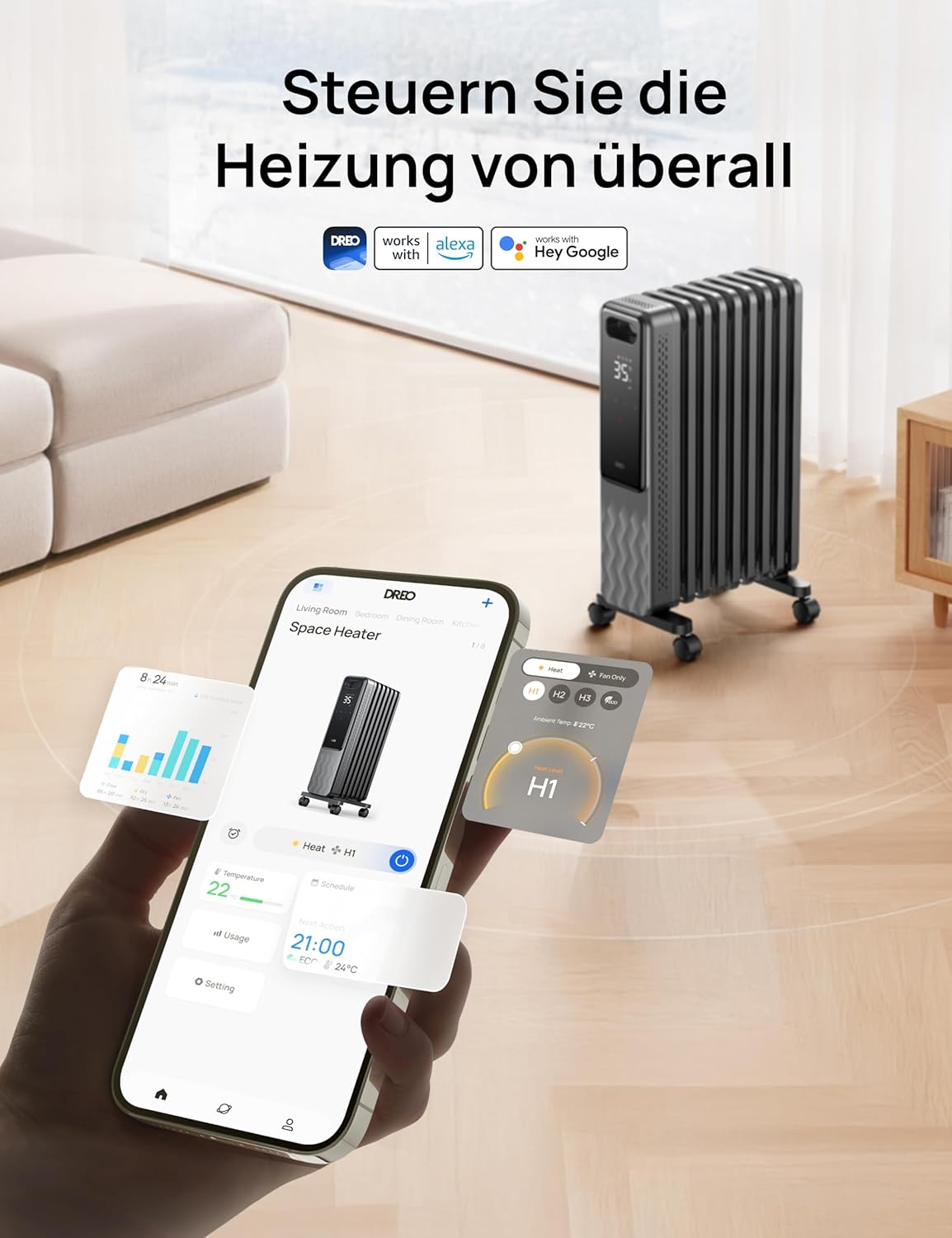 Energiesparende Heizkörperheizung mit Thermostat, 2000 W, mobile Elektroheizung