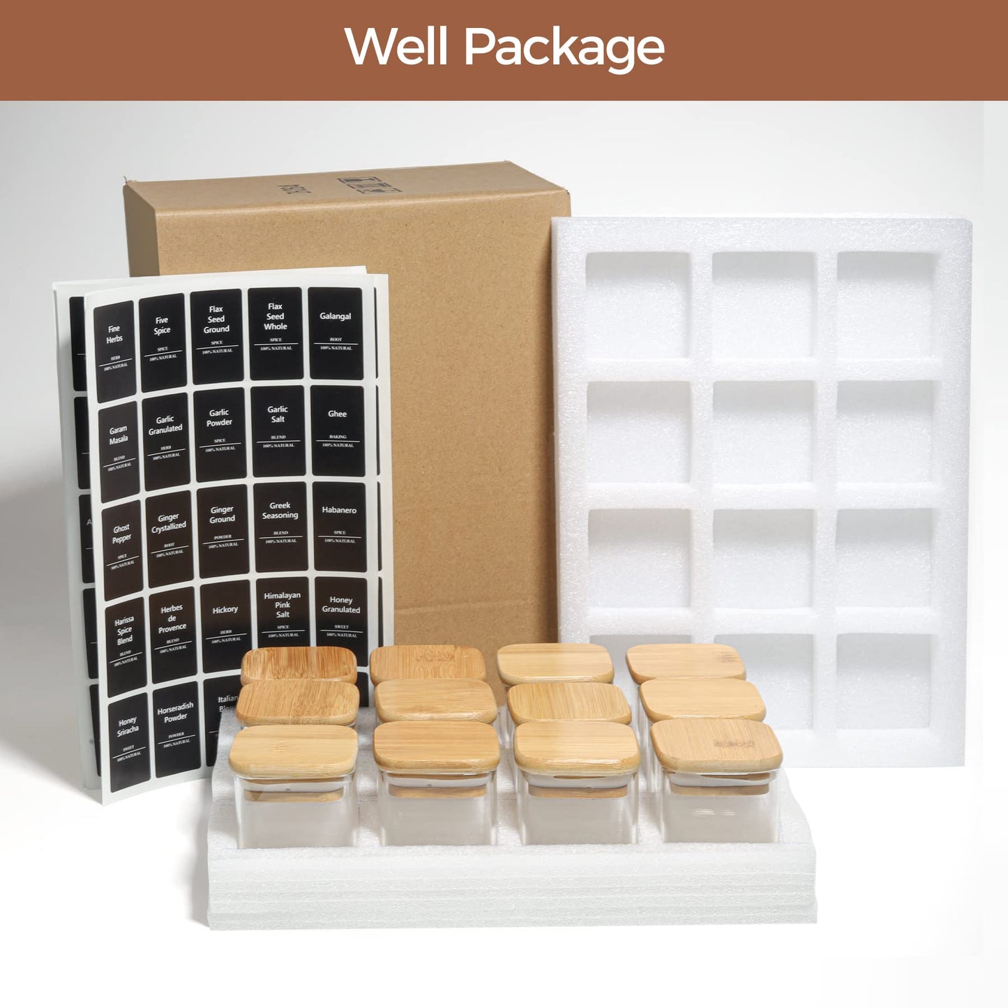 ComSaf Pot a Epices mit Etiketten, Pot Epices Verre Carrés mit Couvercle en Bois