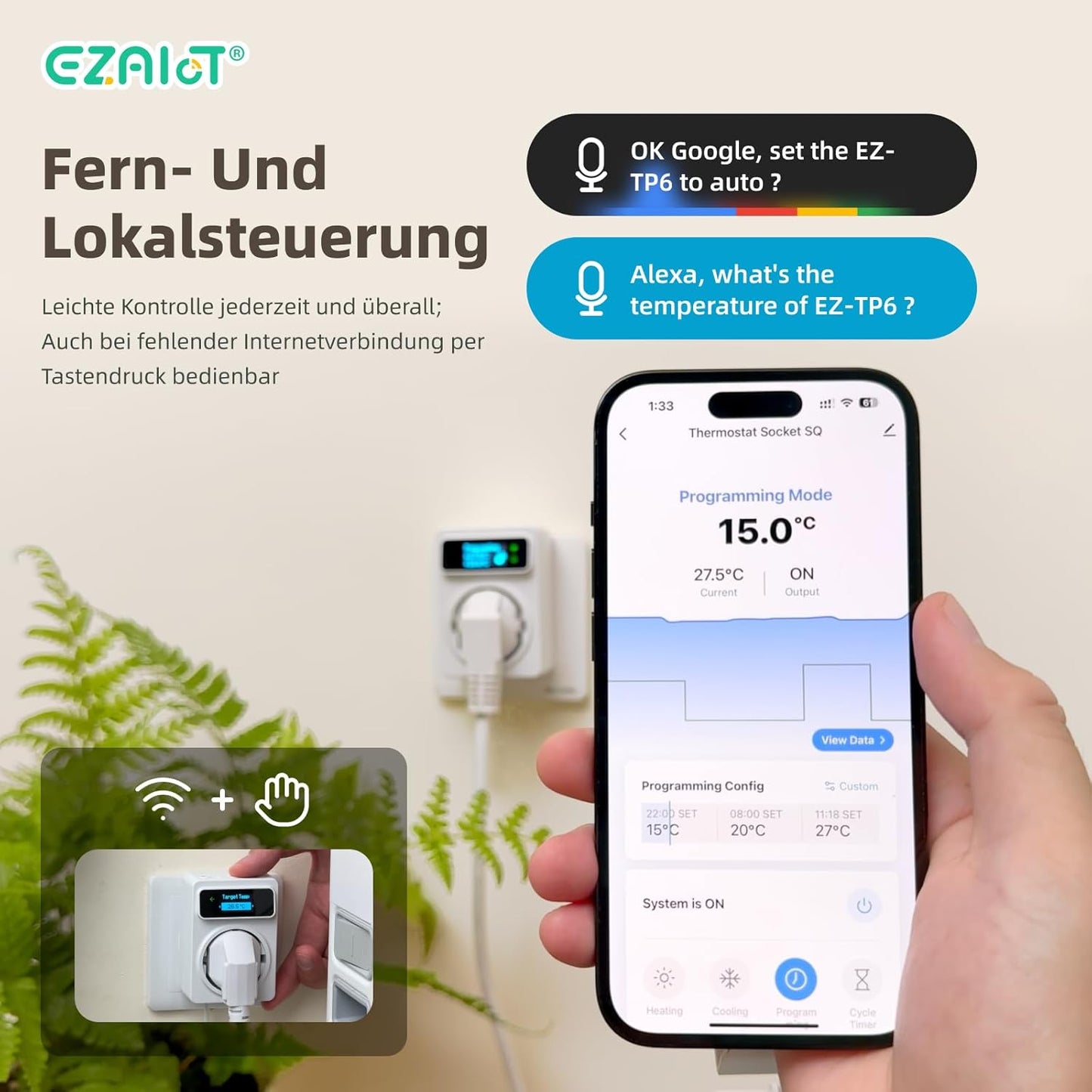 WLAN-Thermostat für Heizung/Kühlung und Zeitschaltuhr mit 3 m und 5 cm Sensor, digitalem Temperaturregler und OLED-Display