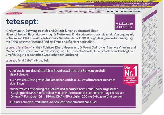 Tetesept Femi Baby – 16 Nährstoffe für Kinderwunsch, Schwangerschaft & Stillzeit – mit Folsäure, Eisen, Jod + DHA – 1 x 3-Monats-Packung mit 90 Tabletten + 90 Kapseln