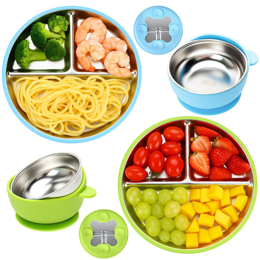 Geschirrset, 6-teilig: Edelstahl-Babyteller mit Saugnapf, 2 Breischalen, 1 Babyschale und 2 Löffelgabeln