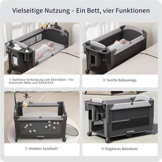 Trimigo 4-in-1 Babybett, Reisebett, höhenverstellbar, Kinder-Reisebett & Beistellbett, 120 x 70 cm
