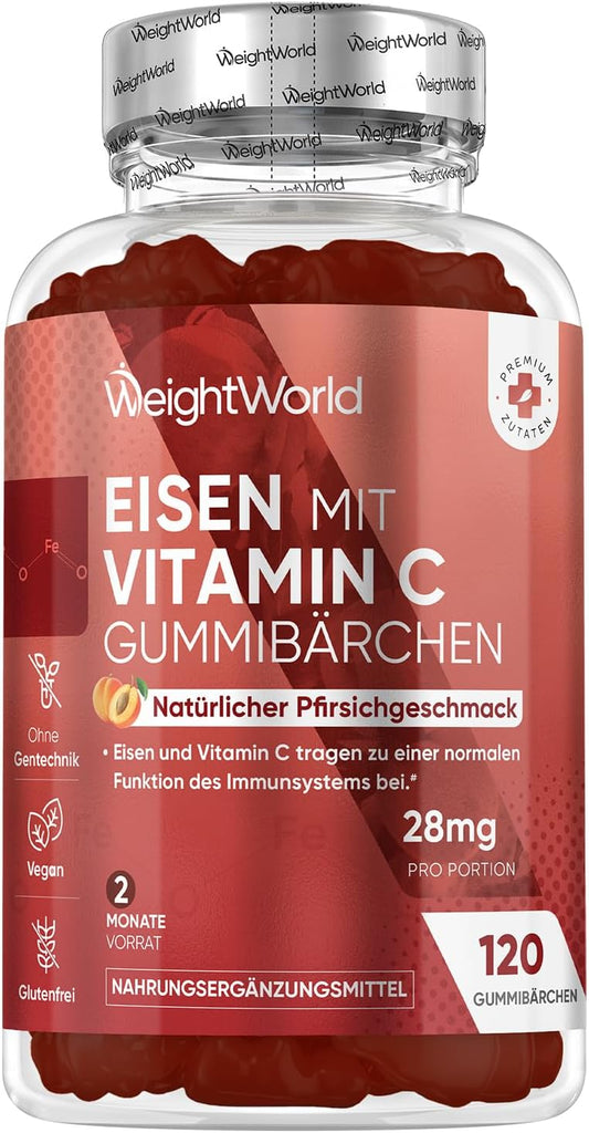 Eisen- und Vitamin-C-Gummibärchen – 2-Monats-Vorrat – 28 mg Eisen & 10 mg Vitamin C – 120 Gummibärchen – Eisen und Vitamin C tragen zu einem normalen Energiestoffwechsel bei (EFSA) – Alternative zu Eisentabletten