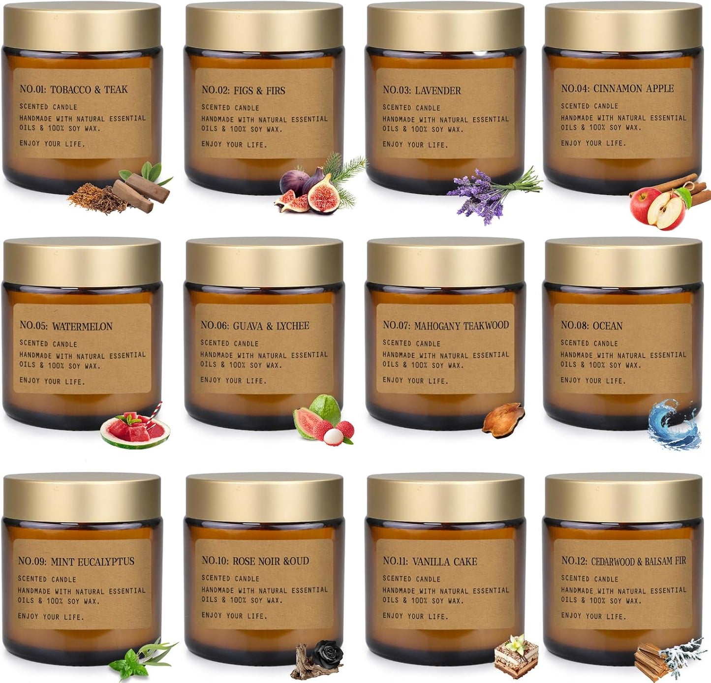 Duftkerze 12er Set Kerzen Geschenkbox, Natürliches Sojawachs 300h Brenndauer, für Yoga, SPA