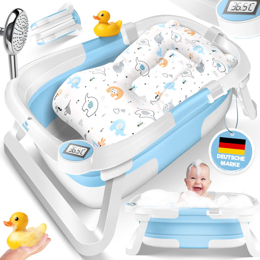 Babybadewanne | Babywanne platzsparend & faltbar mit Thermostat & Kissen