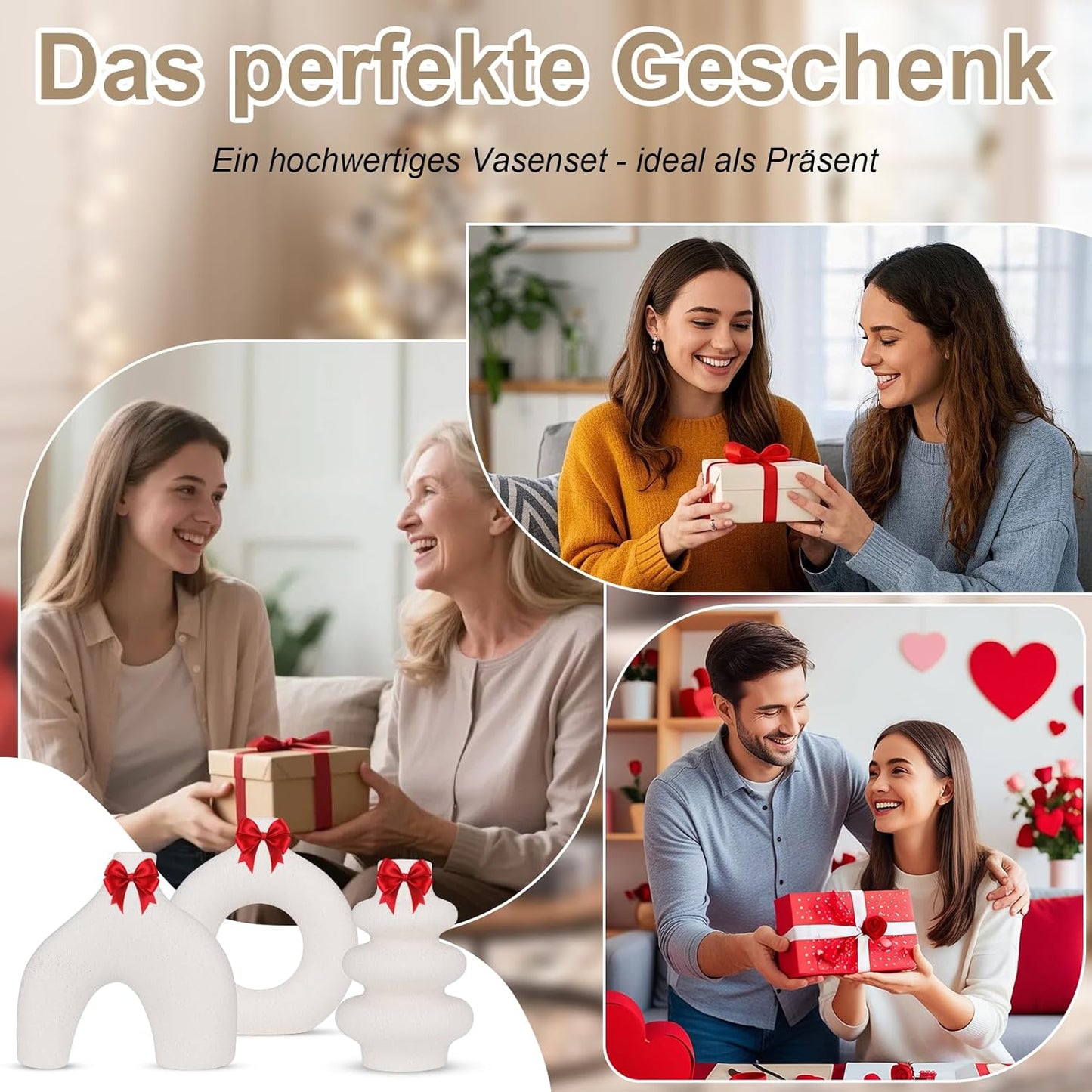 Vankarr Weiße Keramikvase Satz von 3, kleine Trockenblumen Vasen für Pampasgras,Moderne Boho Vasen