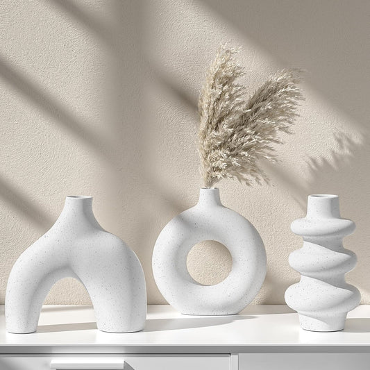 Vankarr Weiße Keramikvase Satz von 3, kleine Trockenblumen Vasen für Pampasgras,Moderne Boho Vasen