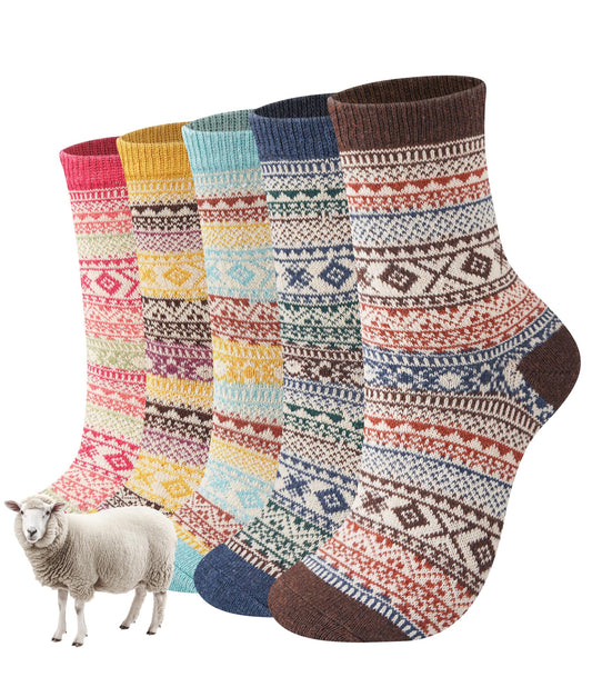 Wollsocken für Damen, 5 Paar, dicke Wintersocken, farbenfrohe Thermosocken – das perfekte Geschenk
