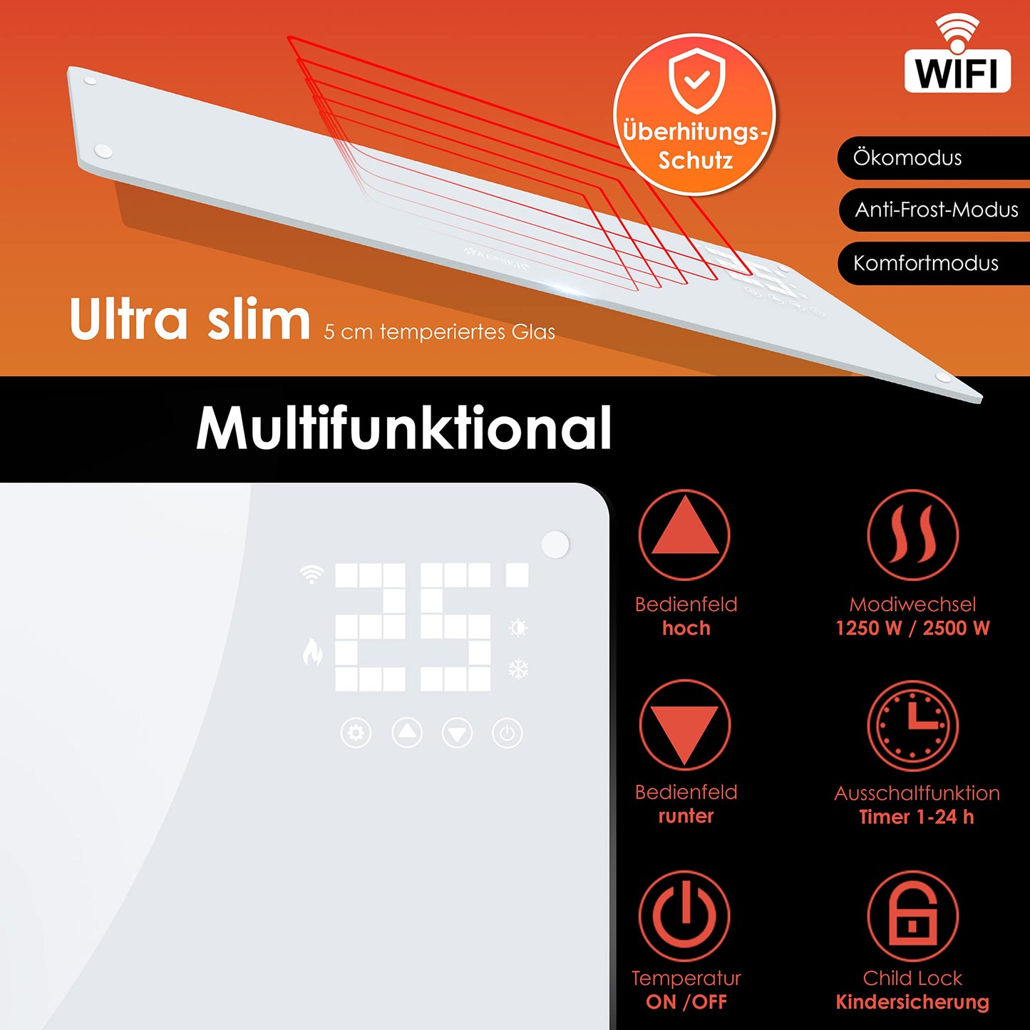 KESSER® Glaskonvektor, Glasheizkörper, elektrischer Heizkörper, WLAN-App-Funktion, inklusive Fernbedienung, Stand- oder Wandheizkörper | Touchscreen | LCD-Display | Timer | 2500 Watt