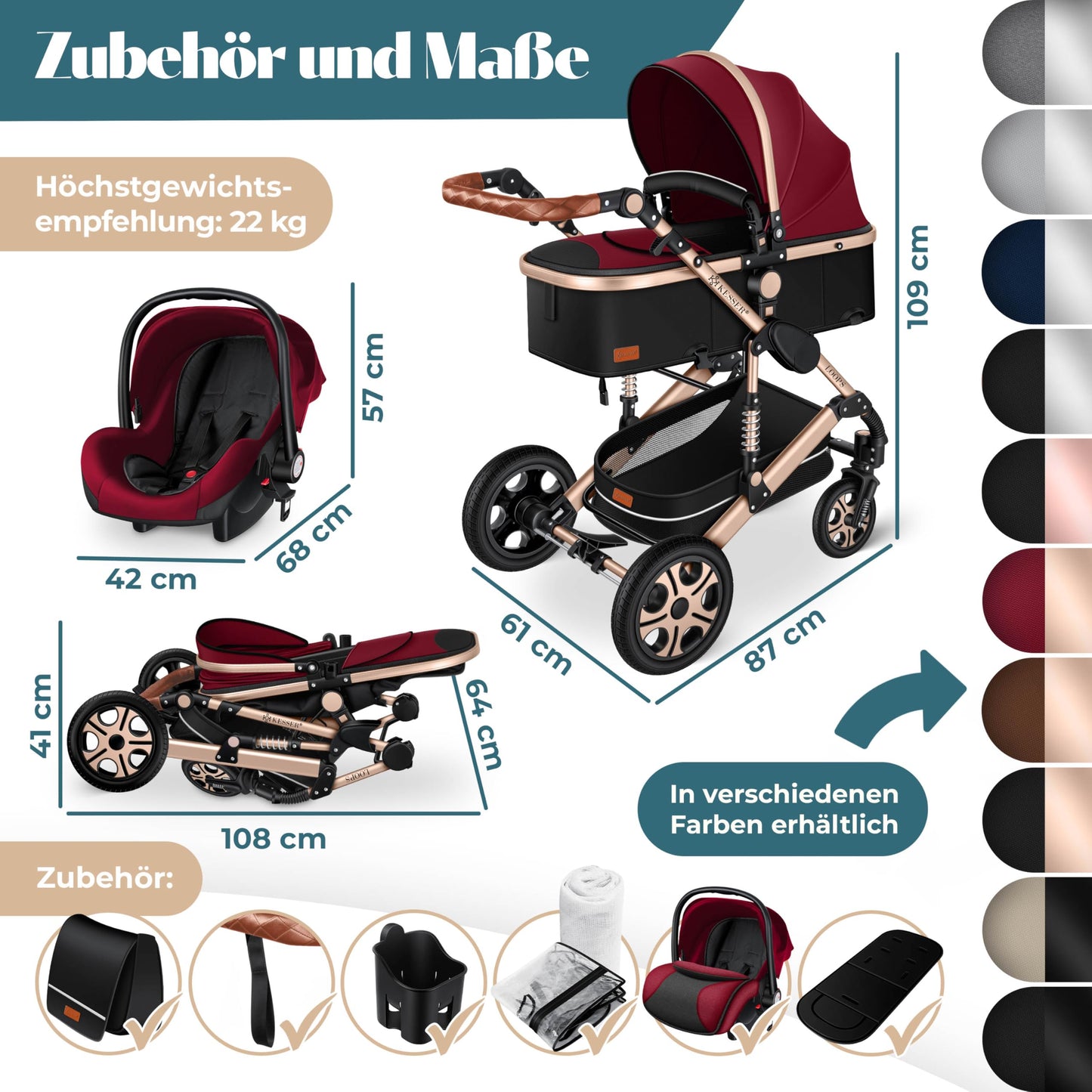 Kesser® Loops 3-in-1 Kombi-Kinderwagen, Komplettset inklusive Babywanne, Buggy-Sportsitz und Babyschale, Vollgummireifen