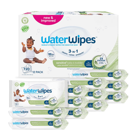 WaterWipes Sensitive+ Baby & Toddler Wipes, 3-in-1 Cleansing, Care, Protection, 99.9% Water, Fragrance-Free