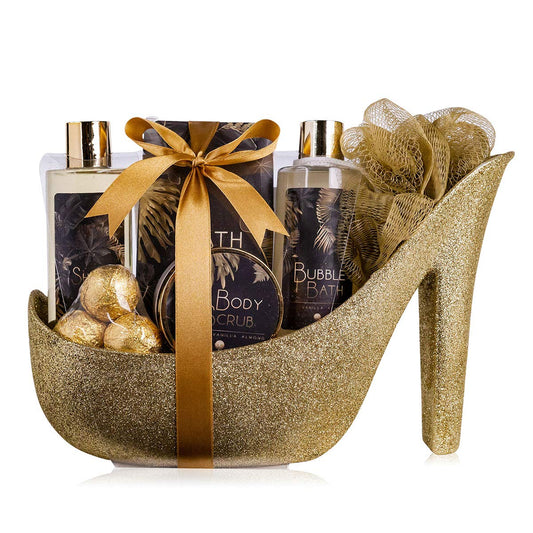 Accentra Luxus-Bade-Set, Geschenkset mit wunderschönen goldenen Glitzerpumps, 9-teiliges Luxus-Schönheitsset