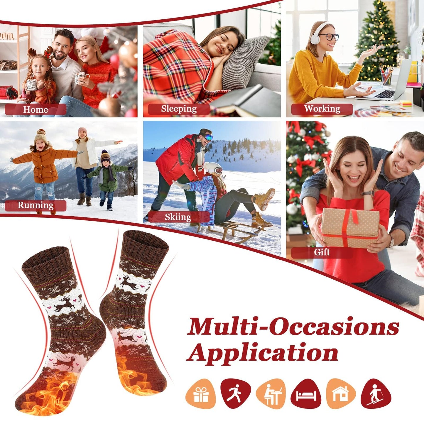 Airabc 5 Paar Damen-Thermosocken, warme Wintersocken, farbenfroh, kuschelig und atmungsaktiv