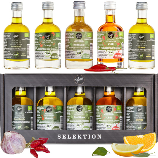Feinkost Öl Geschenkbox „Öl-Clutch“ I Gewürzöl Set mit 5 erlesenen BIO-Ölen