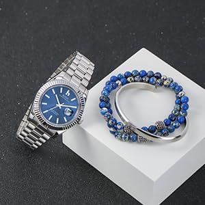 BUREI Herren Uhren Quarz Armbanduhr Datumsanzeige Saphirglas Objektiv mit Zwei Tönen Edelstahlband