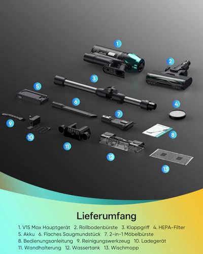 Vexilar V15Max Akku Staubsauger mit Wischfunktion, Freistehende Anti-Haar-Bodendüse für Teppiche Tierhaare
