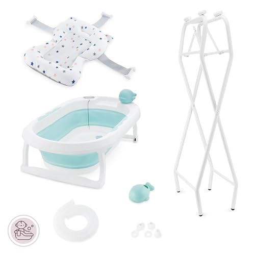 Faltbare Babybadewanne von Moby-System mit Einsatz, LCD-Thermometer und Rahmen – sicherer Halt ab Geburt, ergonomisch 
