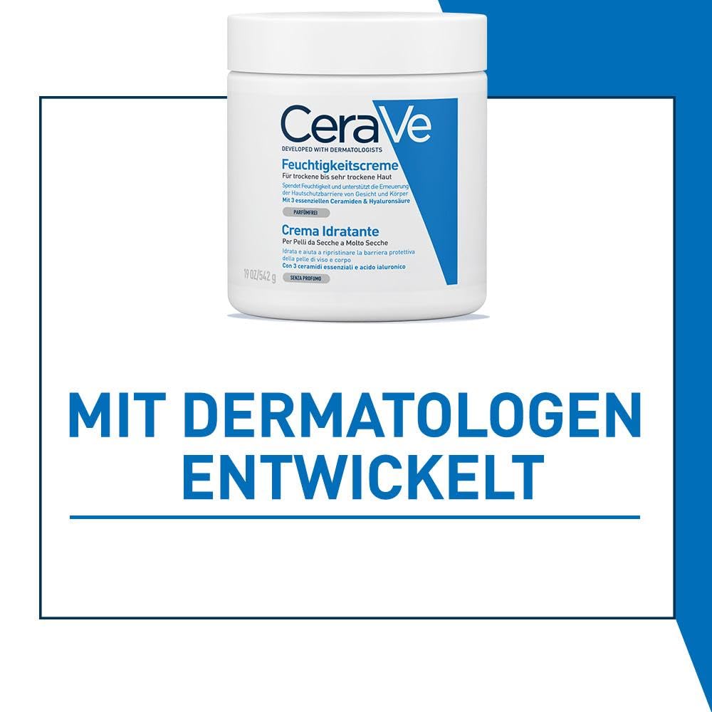 CeraVe Feuchtigkeitscreme für Körper und Gesicht, für trockene bis sehr trockene Haut, mit Hyaluron und 3 essenziellen Ceramiden, auch bei Neurodermitis und für Allergiker 