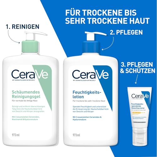 CeraVe Schäumendes Reinigungsgel und Feuchtigkeitslotion, Mit Hyaluronsäure, Für Gesicht und Körper, Ohne Duftstoffe, Auch bei Neurodermitis und Allergien, 473 ml + 88 ml