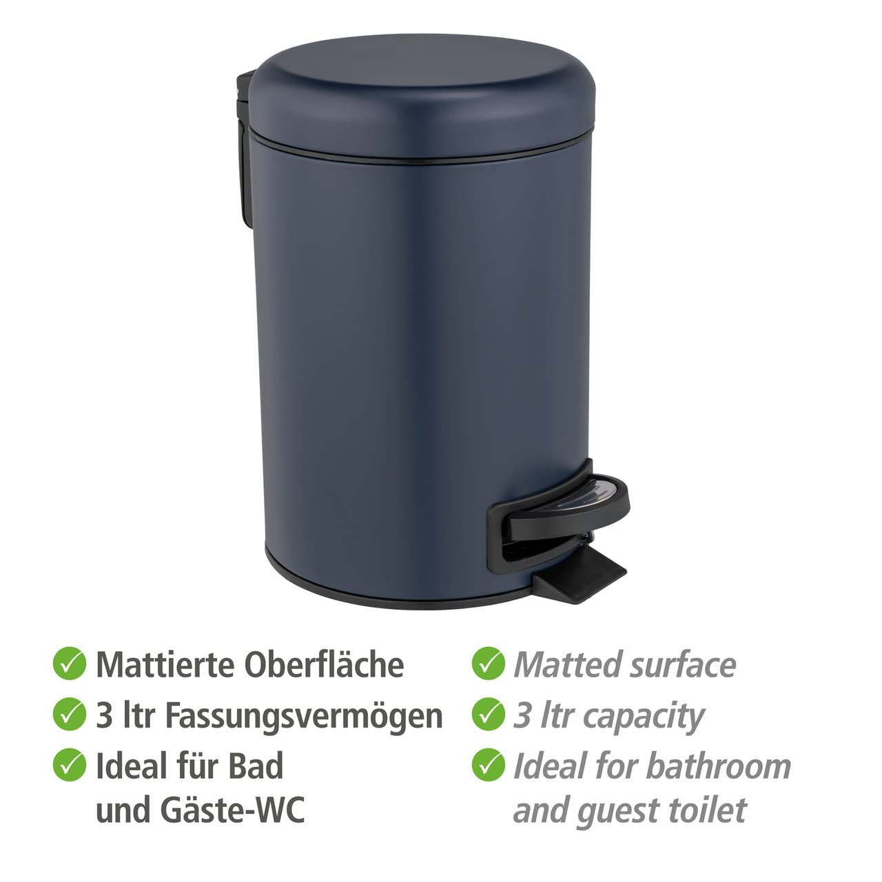 WENKO Leman Kosmetik-Treteimer, mattgold, 3 l – Kosmetik- und Abfalleimer mit Anti-Fingerprint-Beschichtung, Fassungsvermögen: 3 Liter, Edelstahl, 17 x 25 x 22,5 cm, gold 