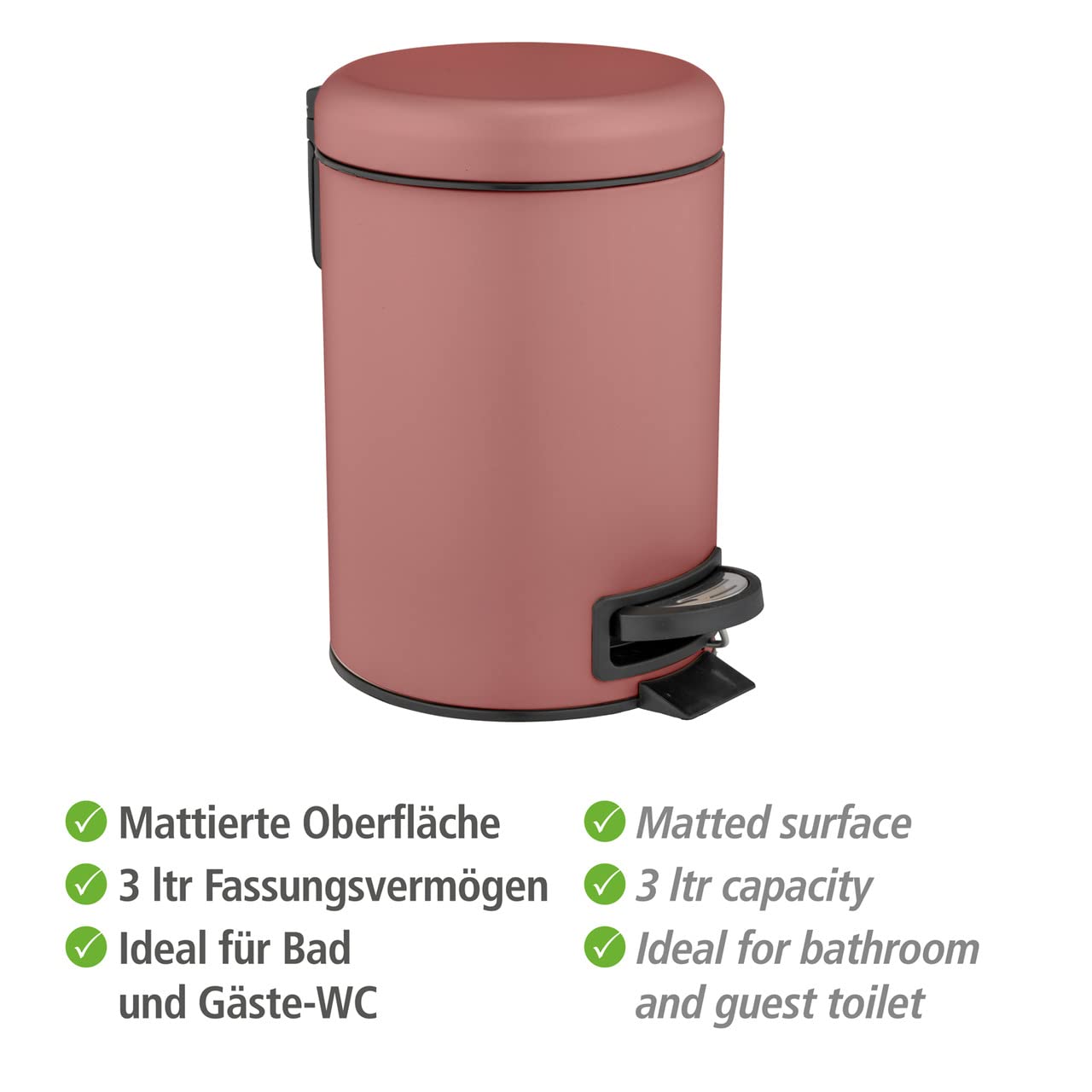 WENKO Leman Kosmetik-Treteimer, mattgold, 3 l – Kosmetik- und Abfalleimer mit Anti-Fingerprint-Beschichtung, Fassungsvermögen: 3 Liter, Edelstahl, 17 x 25 x 22,5 cm, gold 