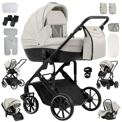 Reenborn 3-in-1 Kinderwagen, Buggy mit zwei umkehrbaren Schiebemodi, Kinderwagen mit Gestell aus Aluminiumlegierung, Babywagen, 3-in-1 Komplettset mit Ein-Klick-Faltmechanismus 