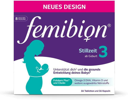 Femibion ​​3 Stillzeit, Tägliches Nahrungsergänzung für die Laktation, Mit Cholin, DHA, Folsäure, Metafolin, 8-Wochen-Pack, 2 x 56 Stück 
