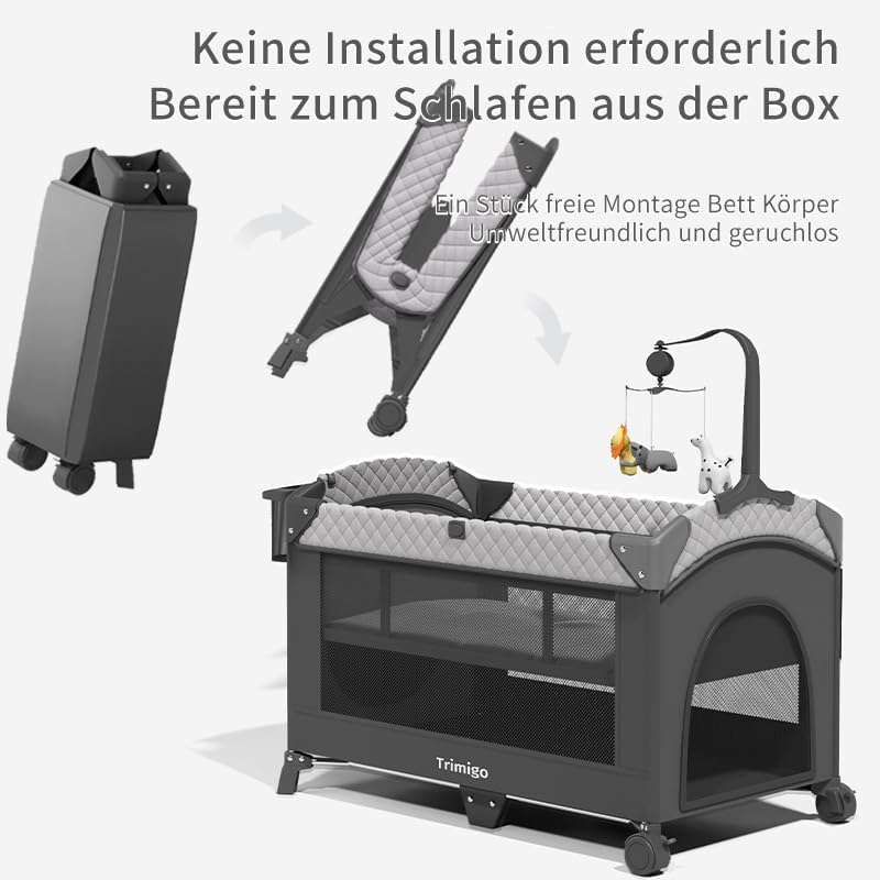 Trimigo 4-in-1 Babybett, Reisebett, höhenverstellbar, Kinder-Reisebett &amp; Beistellbett, 120 x 70 cm 