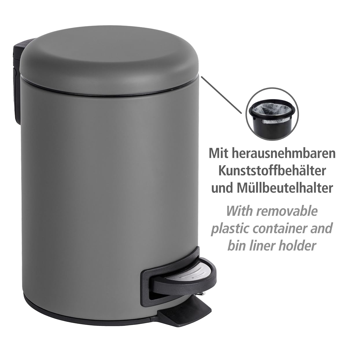 WENKO Leman Kosmetik-Treteimer, mattgold, 3 l – Kosmetik- und Abfalleimer mit Anti-Fingerprint-Beschichtung, Fassungsvermögen: 3 Liter, Edelstahl, 17 x 25 x 22,5 cm, gold 