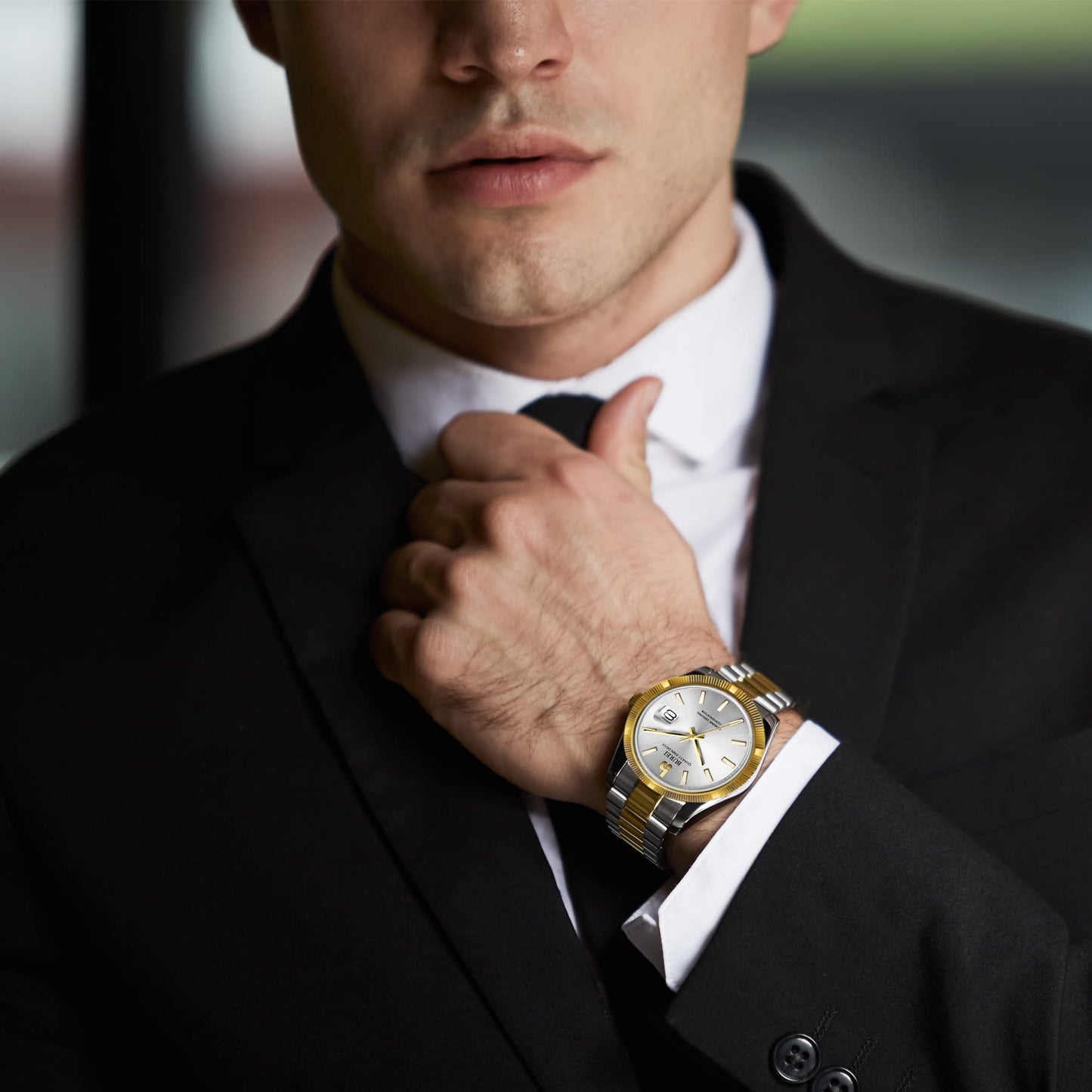 BUREI Herren Uhren Quarz Armbanduhr Datumsanzeige Saphirglas Objektiv mit Zwei Tönen Edelstahlband