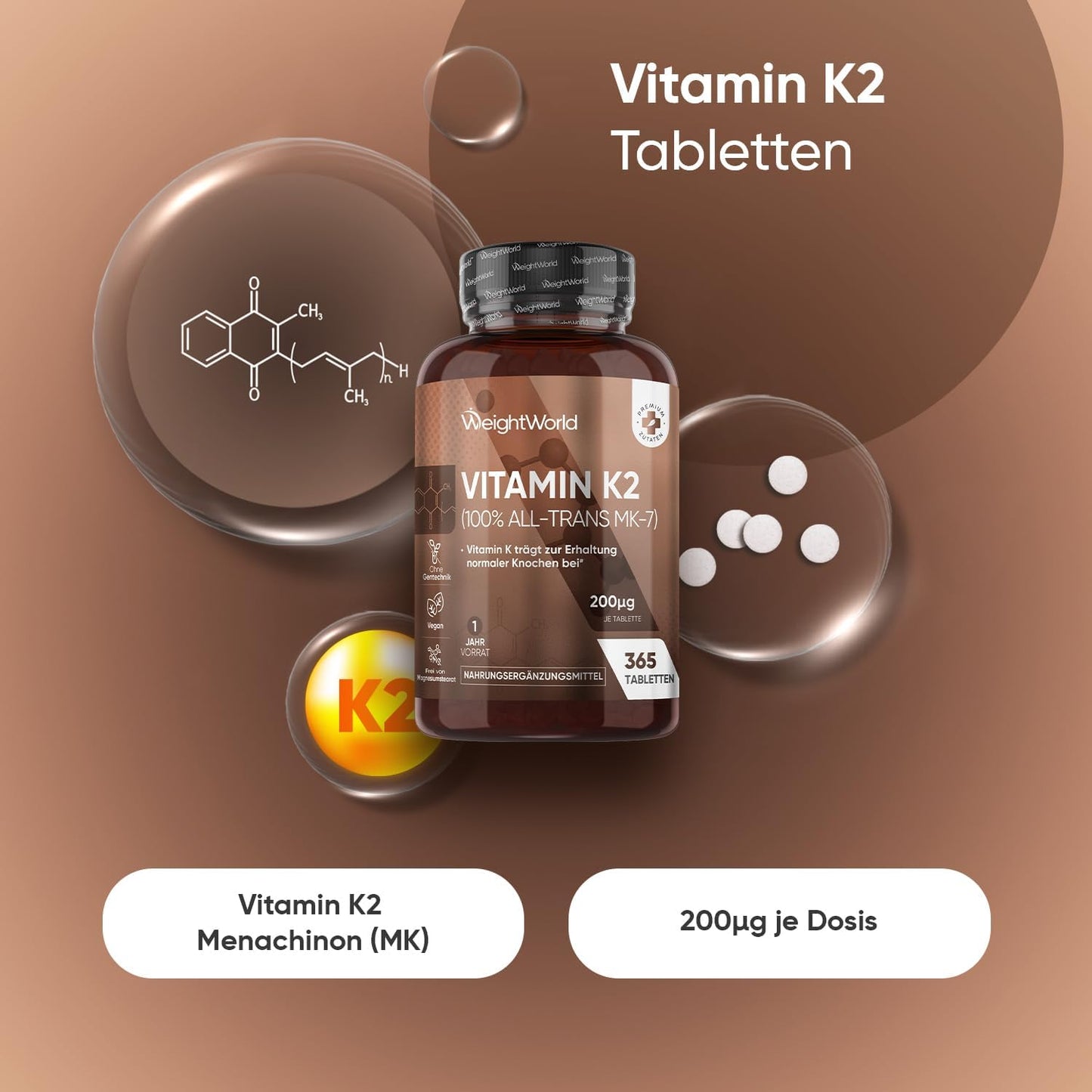 Vitamin K2 MK7-365 Vegane Tabletten – 200 µg pro Dosis – 100 % All-trans-Menachinon – Jahresvorrat 