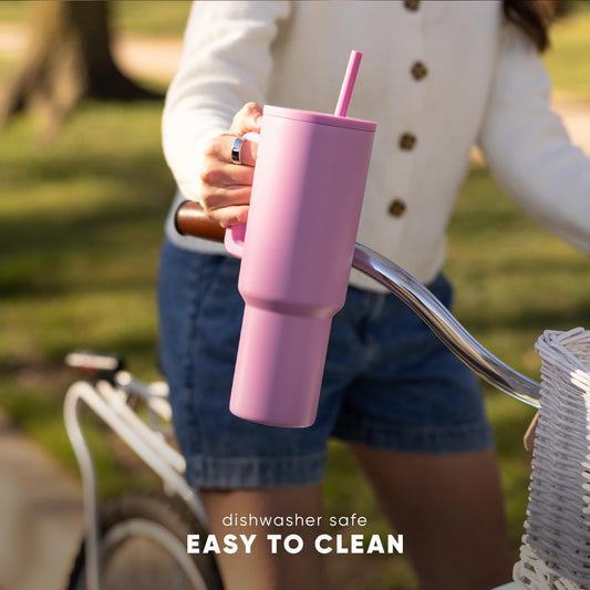 Simple Modern Thermobecher mit Strohhalm und Griff | Isolierter Edelstahl-Trinkbecher Eiskaffee-Reisebecher