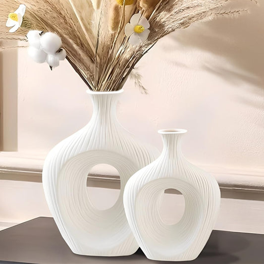 Keramik Vase Weiß Matt Rund Deko Vasen Set 2er Moderne Boho Blumenvase für Tulpen Pampasgras 