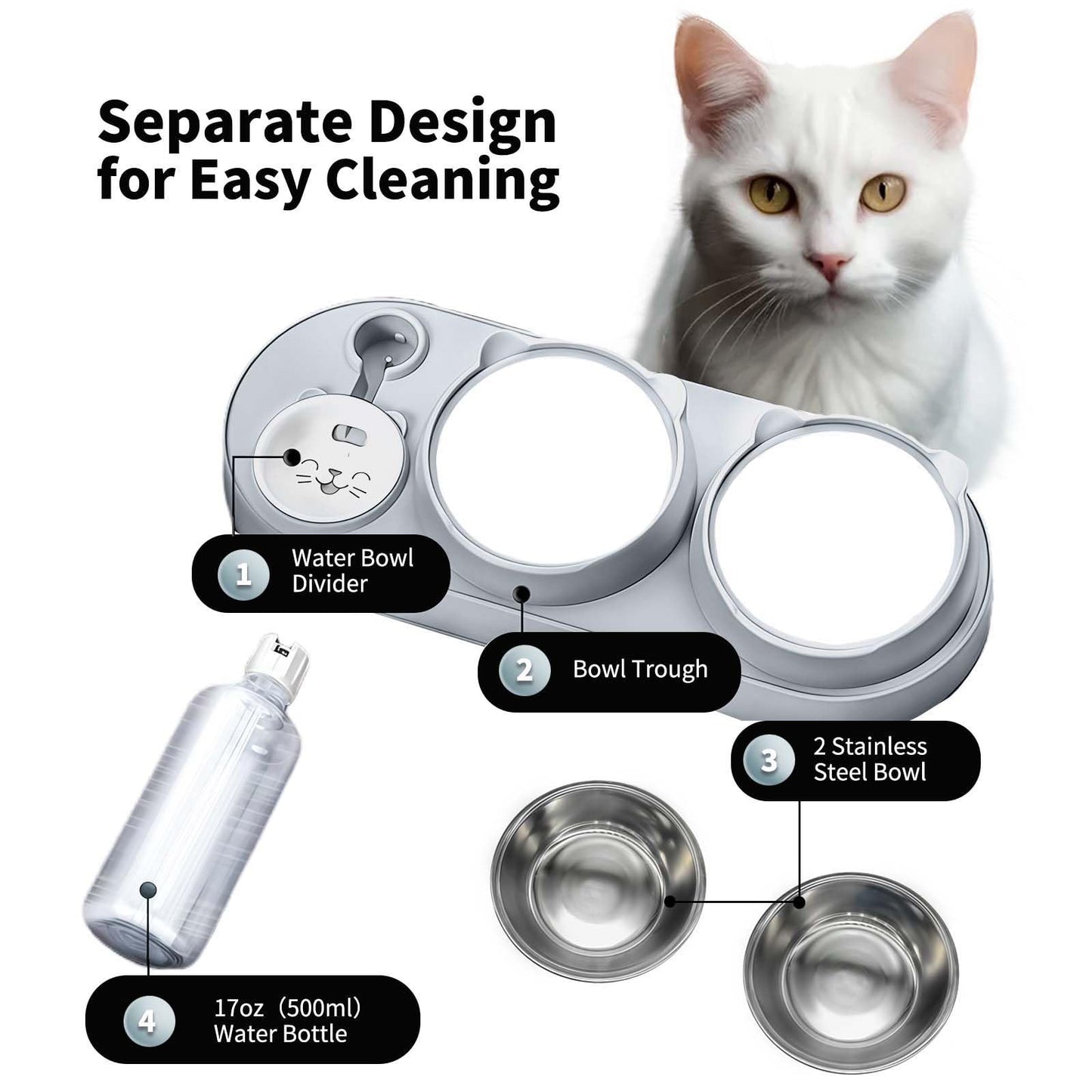 3 in 1 Katzennapf, Katzenfutter und Wassernapf Set mit Wasserspender und Edelstahlnäpfen 