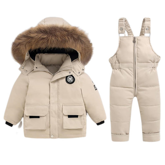 BRONG Baby Schneeanzug Winter 2 Stück Daunenjacke Mantel mit Schnee Lätzchen Hose Jungen Mädchen Skianzug
