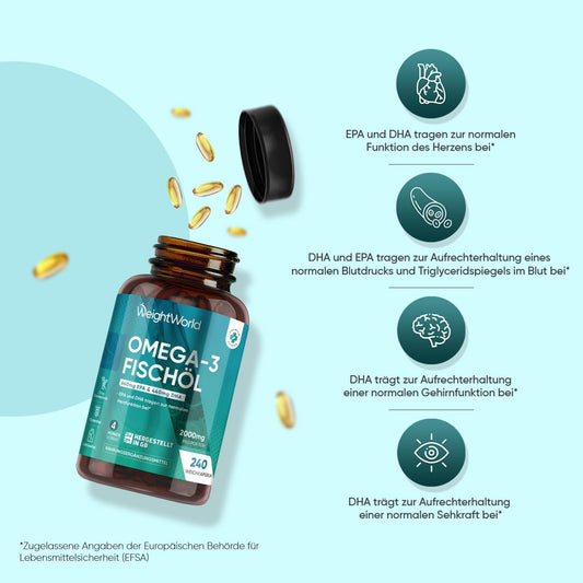 Omega 3 Weich-Kapseln - 2000 mg Fischöl mit 1100 mg Omega-3, 660 mg EPA &amp; 440 mg DHA pro Portion - 240 Softgels - EPA &amp; DHA tragen zur normalen Herzfunktion bei (EFSA) 