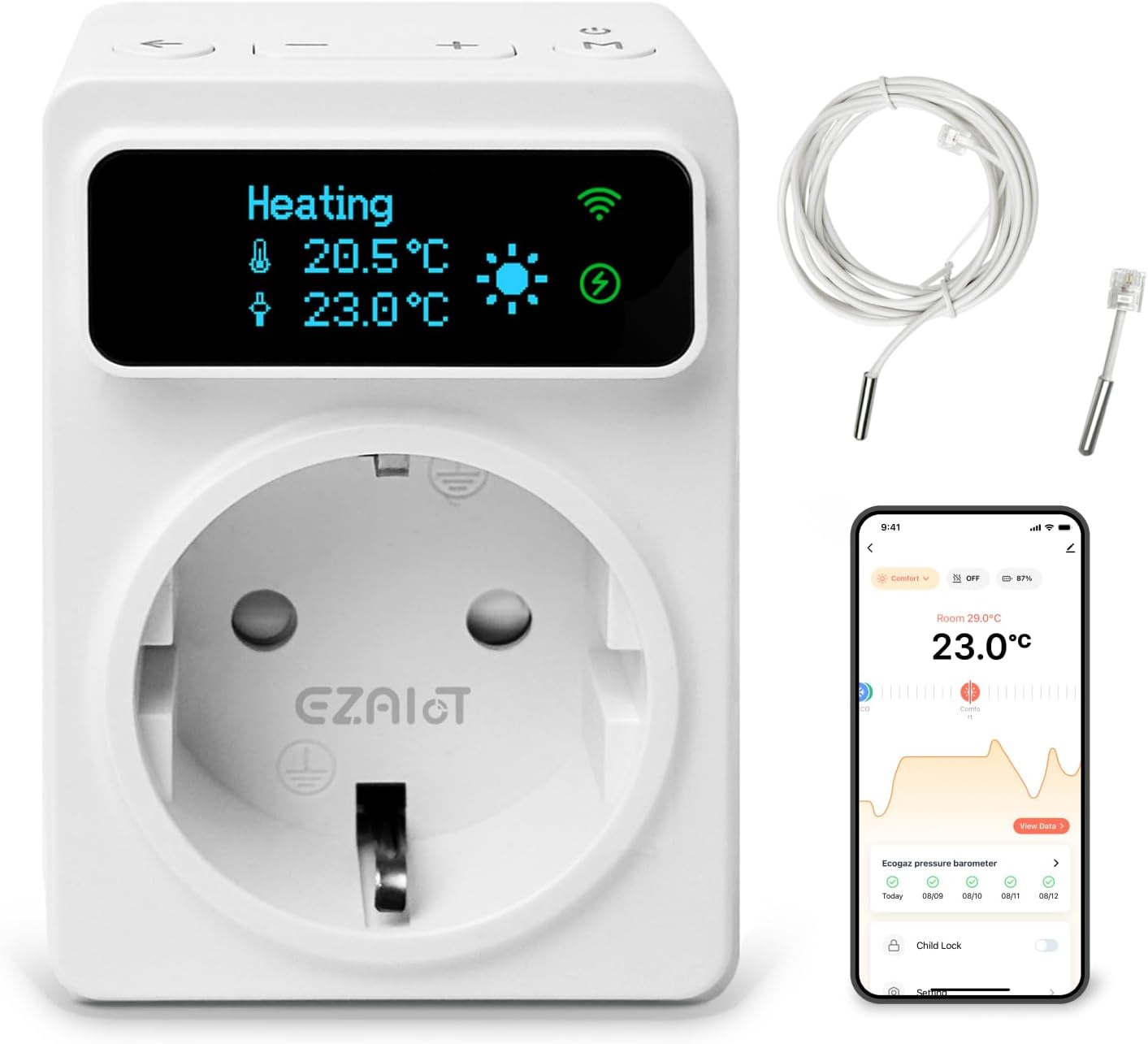 WLAN-Thermostat für Heizung/Kühlung und Zeitschaltuhr mit 3 m und 5 cm Sensor, digitalem Temperaturregler und OLED-Display 