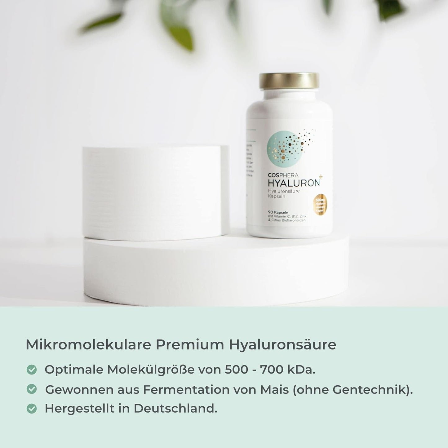 Hyaluronsäure Kapseln hochdosiert mit 500 mg pro Kapsel - 90 vegane mit Zink als Beitrag zum Erhalt normaler Haut und Knochen.